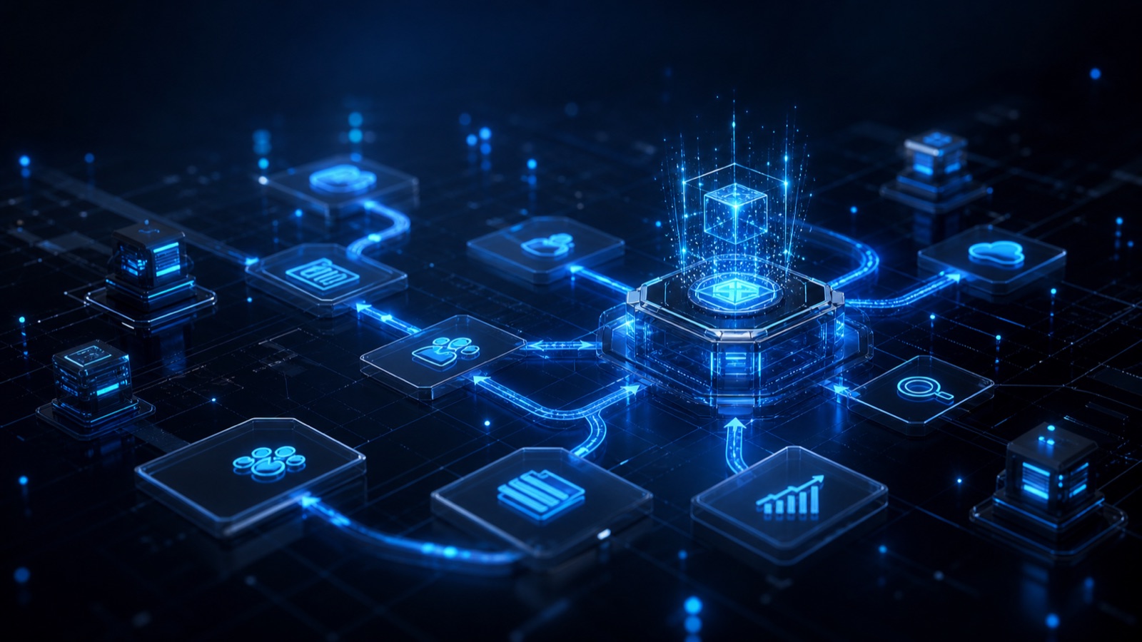 Mapa 3D de procesos empresariales conectados con inteligencia artificial