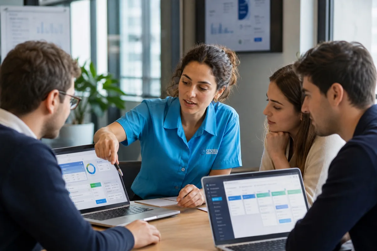 Mentora de Sesora enseñando a un equipo a utilizar inteligencia artificial con sus ordenadores