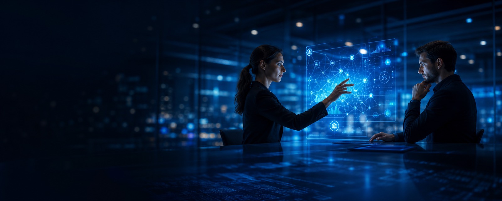 Professionals col·laborant amb una interfície d'intel·ligència artificial