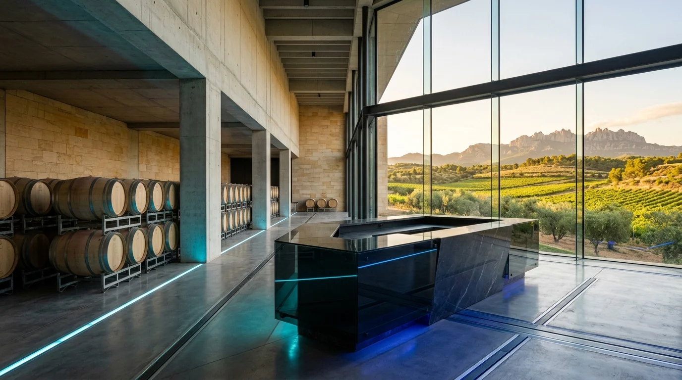 Arquitectura de bodega moderna y tecnología vitivinícola en el Penedès