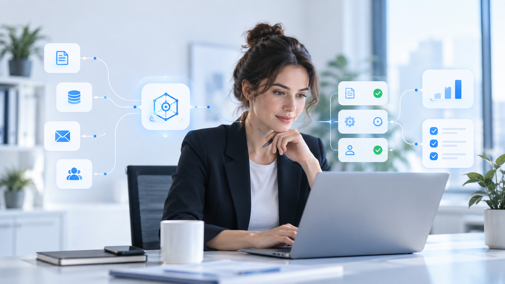 Profesional trabajando con sistemas e información conectados por un agente de inteligencia artificial
