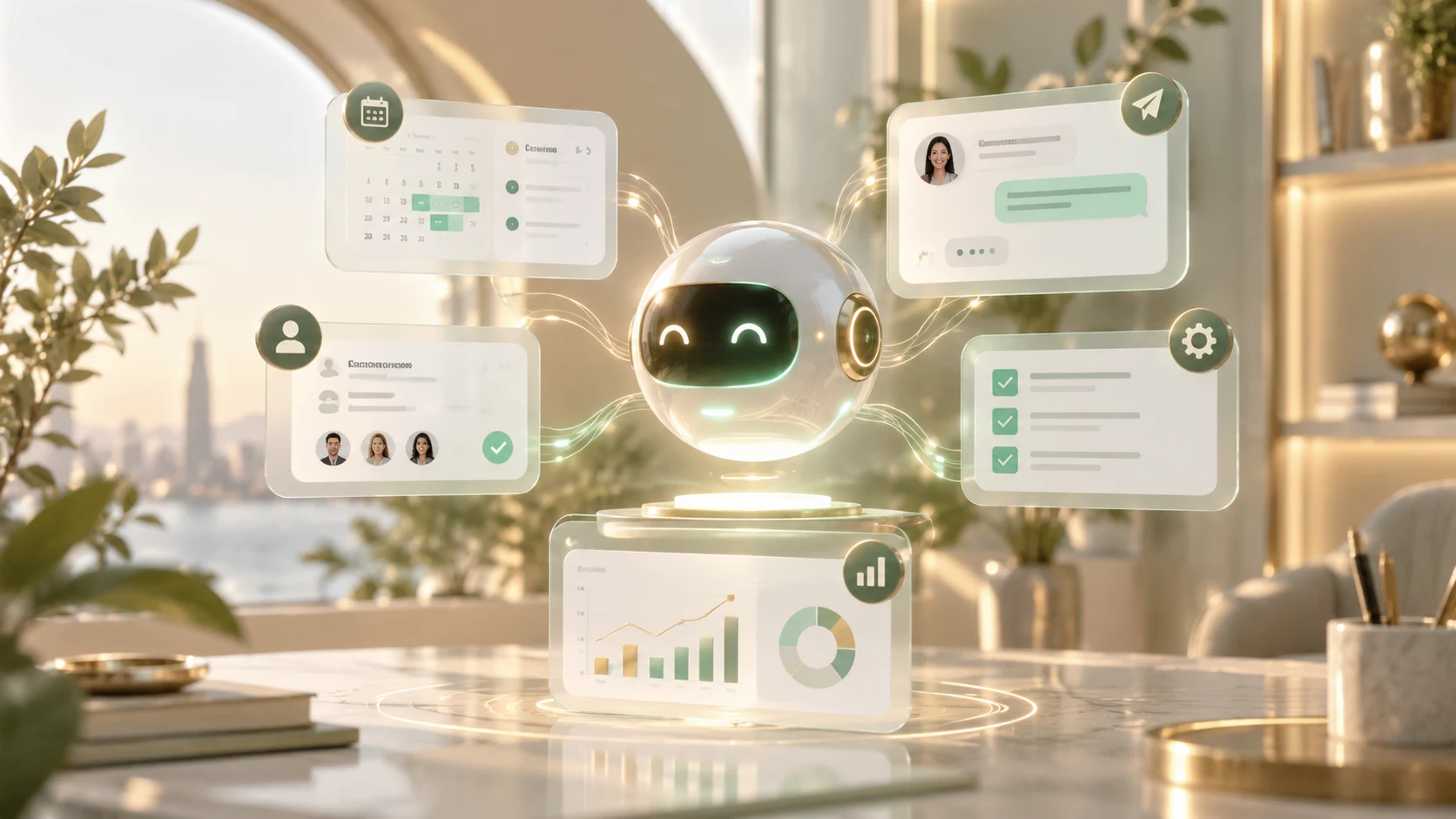 Orbe holográfico conectado a nodos de datos neuronales, cubos y analítica empresarial